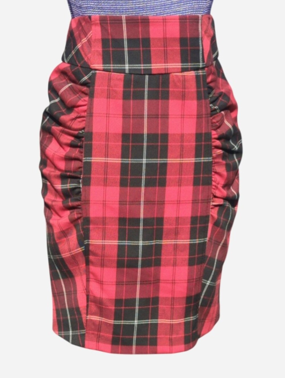Red Plaid Ruched Pencil Skirt